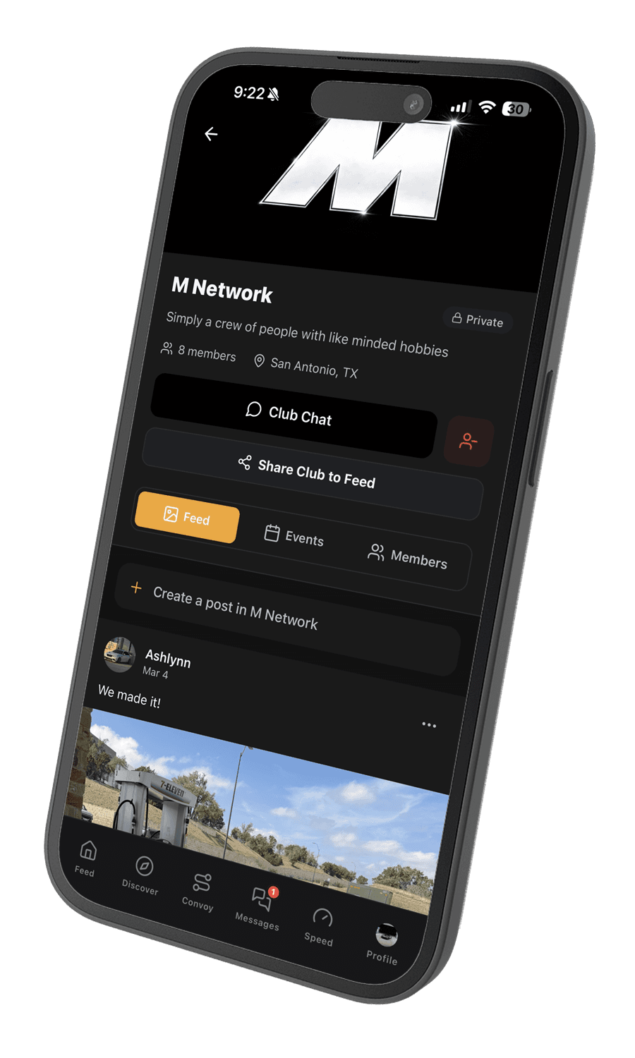 AutoMeet private car club profile screen with chat, feed, events, and members