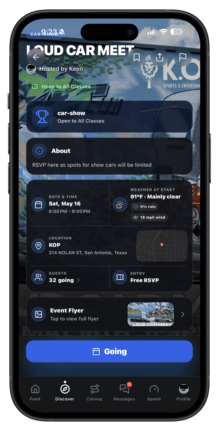 AutoMeet event details screen with RSVP, weather, map, and flyer
