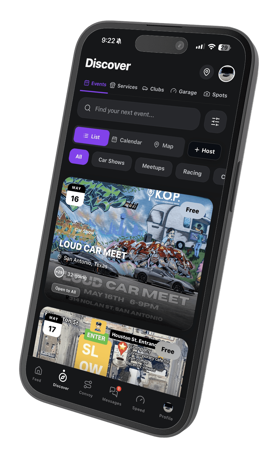 AutoMeet events discovery screen showing car meet listings