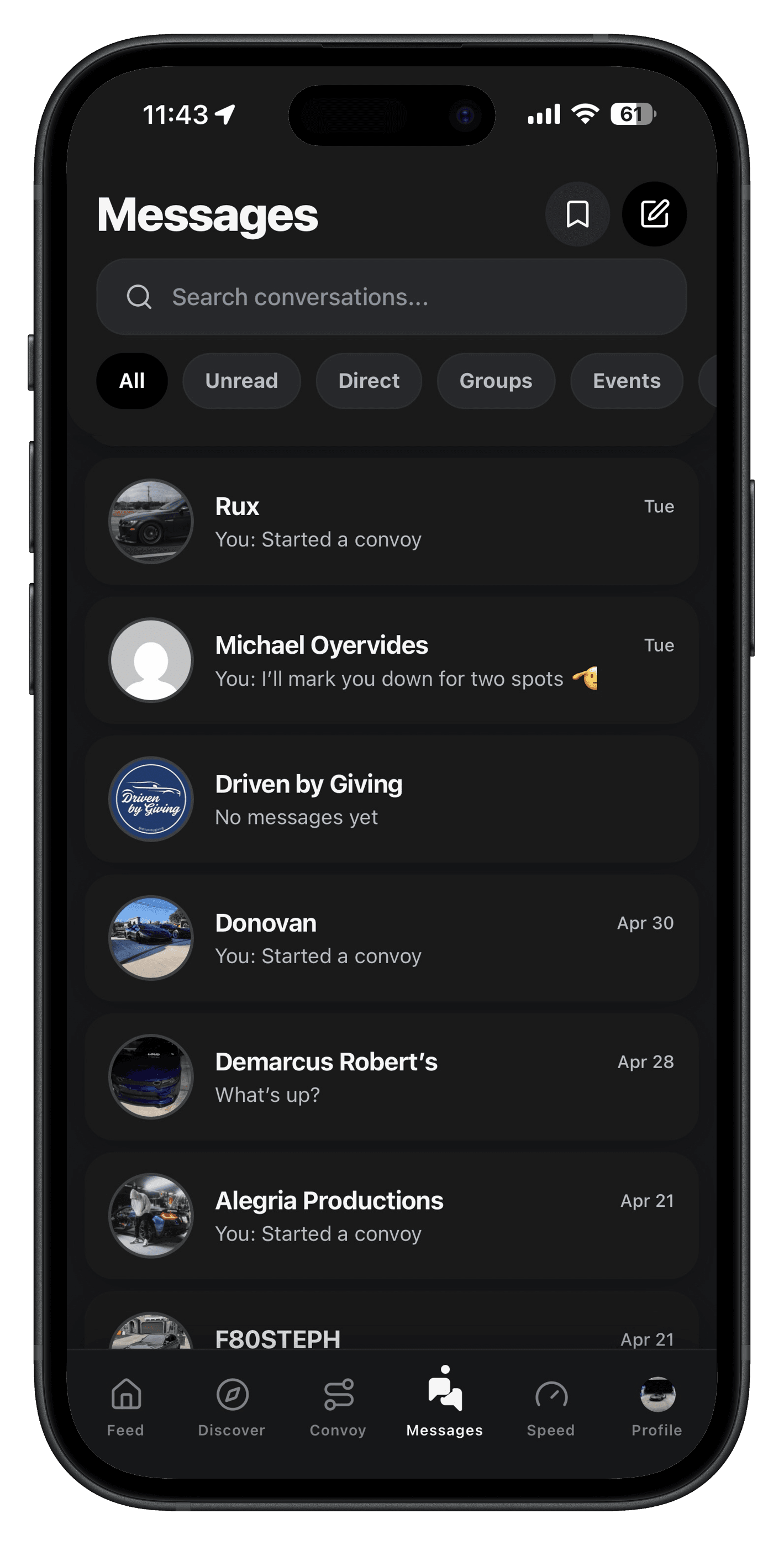 AutoMeet messages screen showing car enthusiast conversations