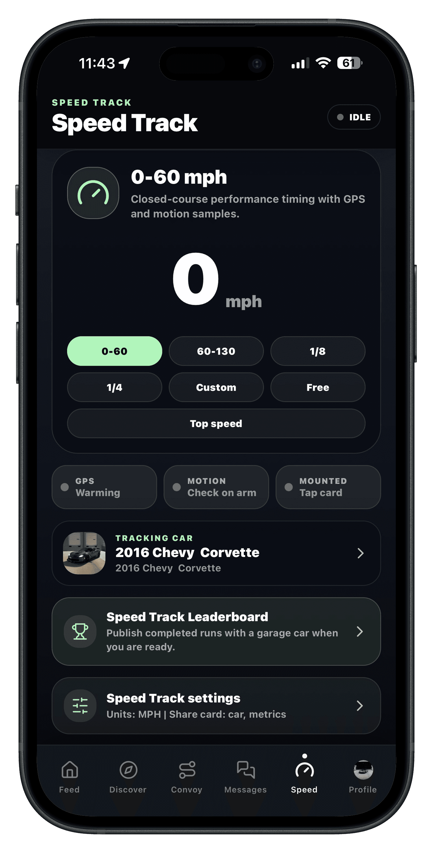 AutoMeet Speed Track screen for performance timing