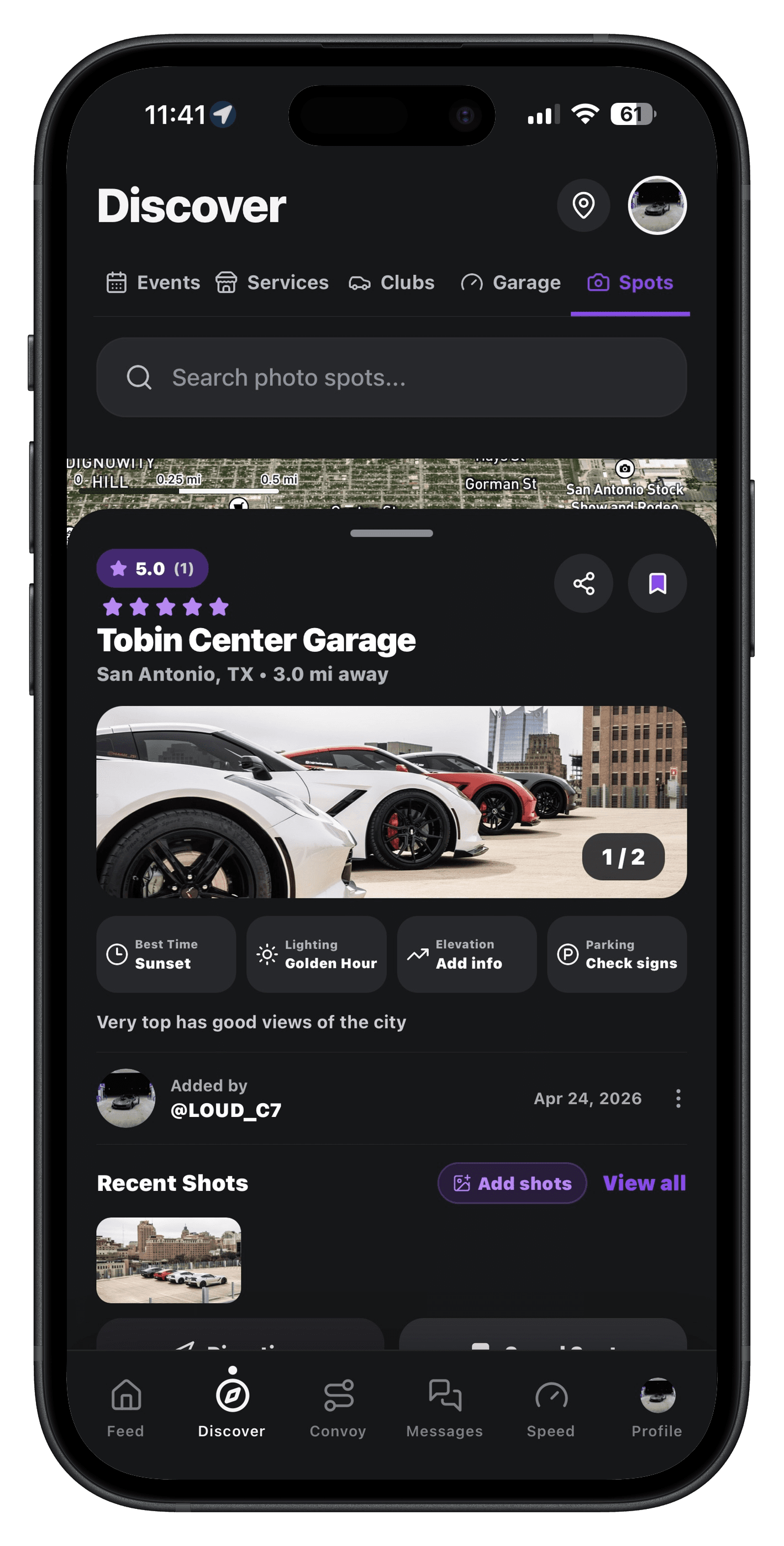 AutoMeet discover screen showing a car photo spot
